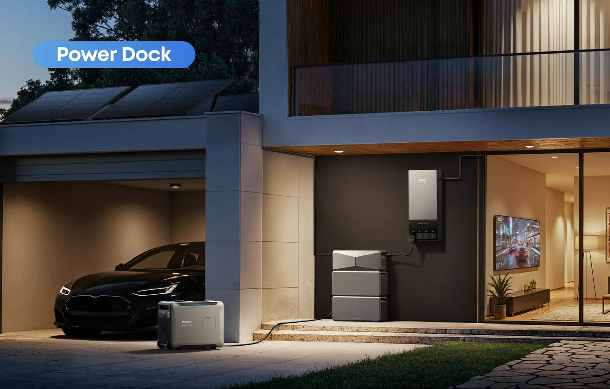 Home battery backup system beside a garage and electric vehicle at dusk