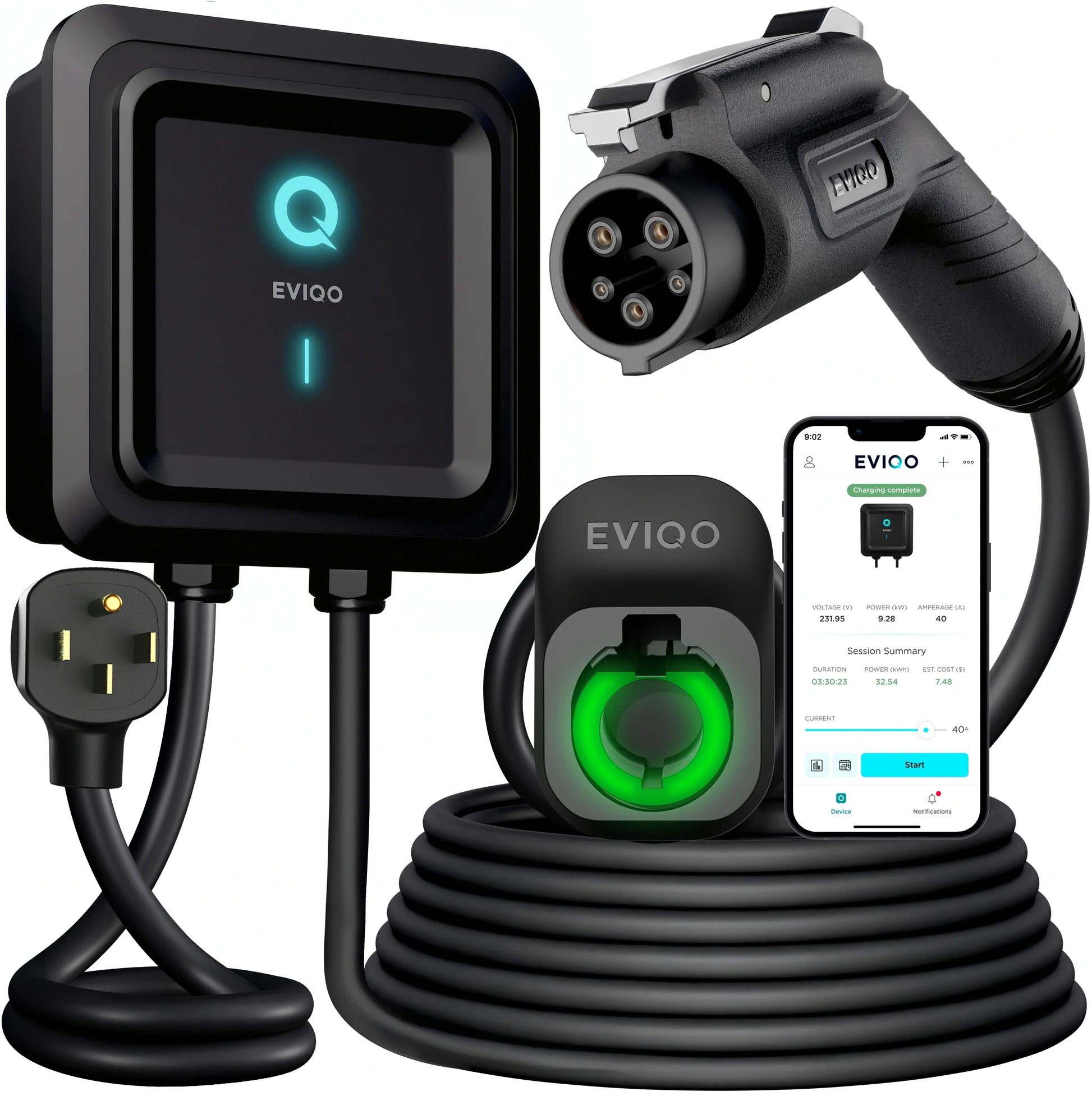 EVIQO Level 2 EV Charger 40A (9.6kW) compatible with non-Tesla EVs